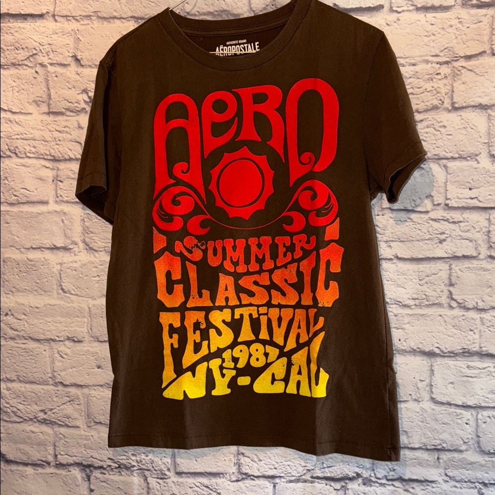 Aeropostale Vintage Brown Tee with Bold Red and Orange Graphic Size S/P